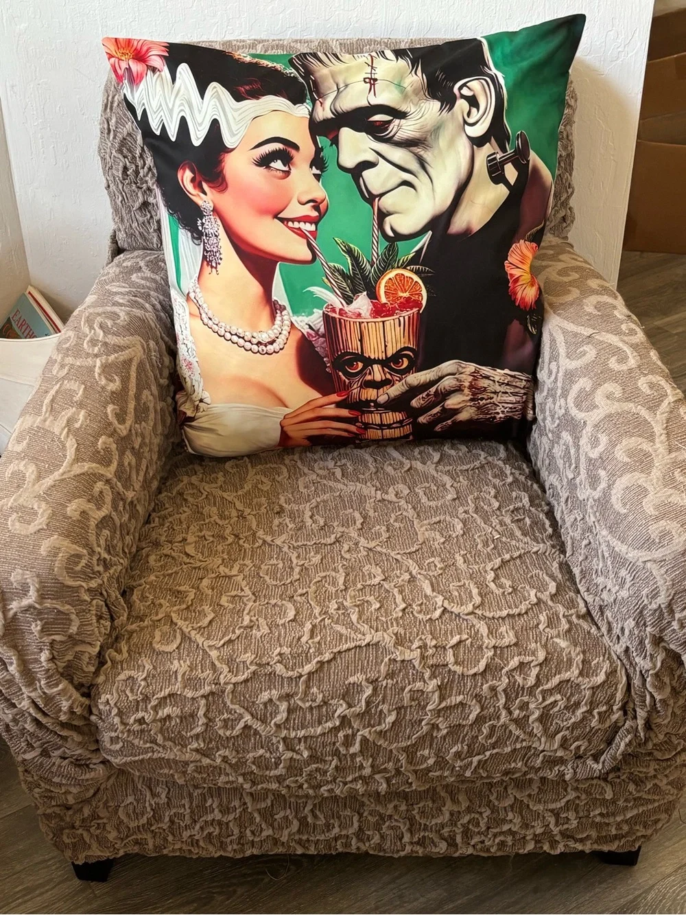 BRAND NEW Retro Frankenstein & Bride Tiki Bar Cocktail TimeOversized ThrowPillow